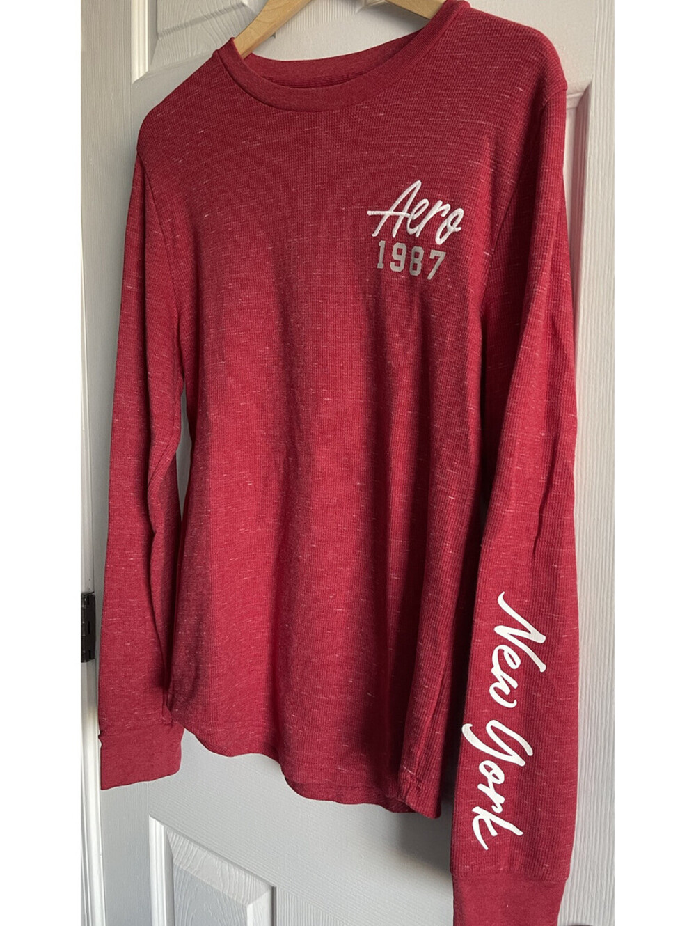 Aeropostale Shirt New York Mens Medium Red Long Sleeve Graphic Waffle Thermal